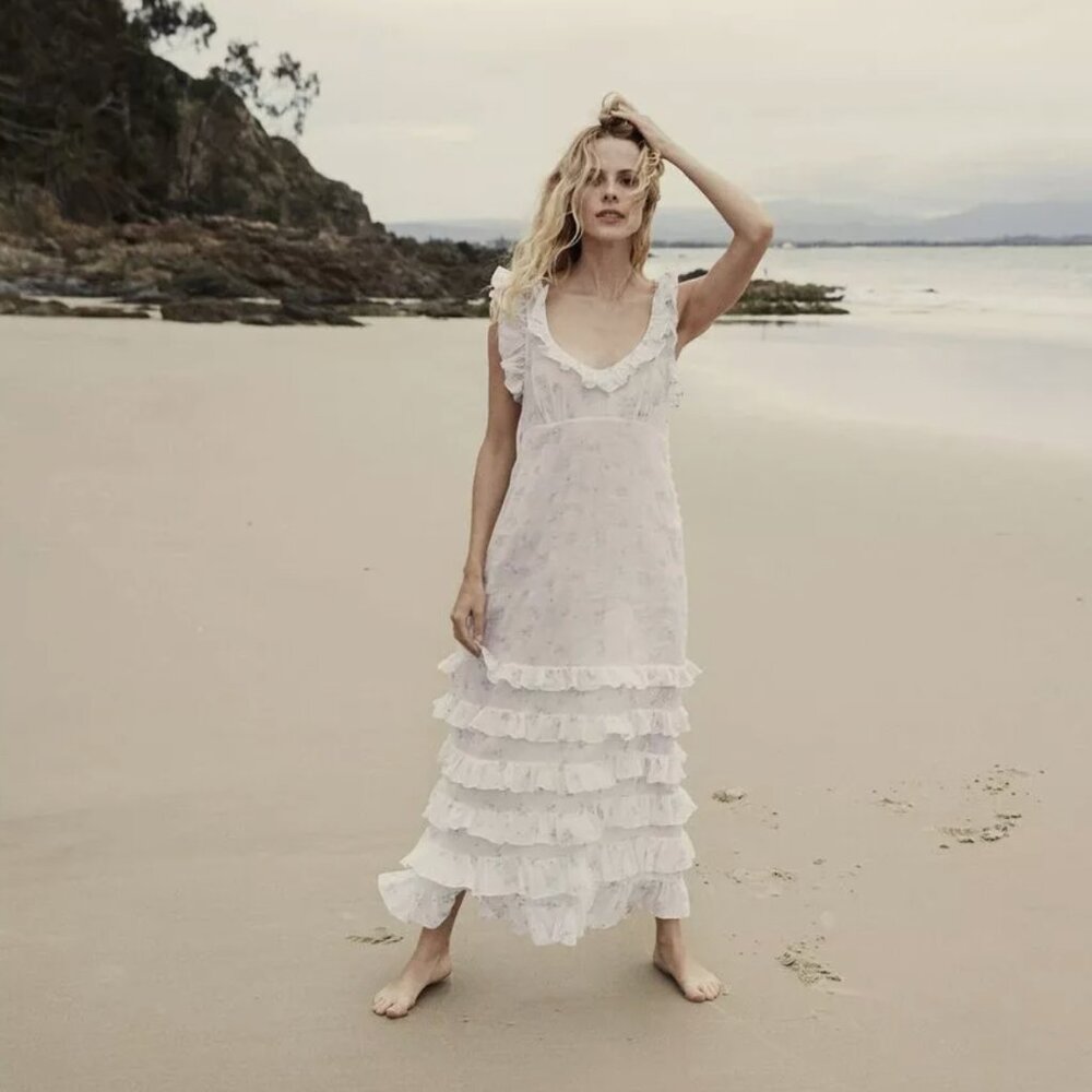 Doen Calla Maxi Dress in Salt White Blue Embroidery XS